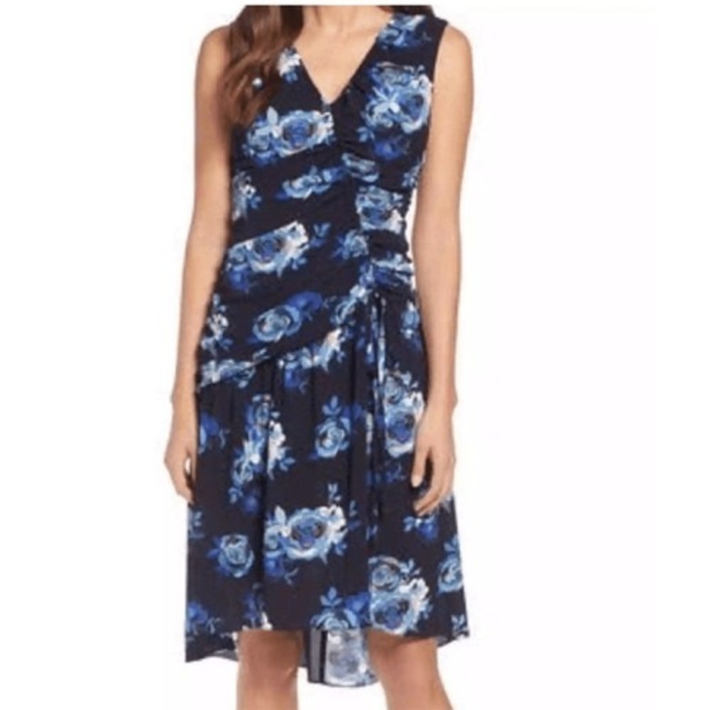 Halogen Charming Sleeveless Ruched Black & Blue Floral Print Midi Dress Size XL